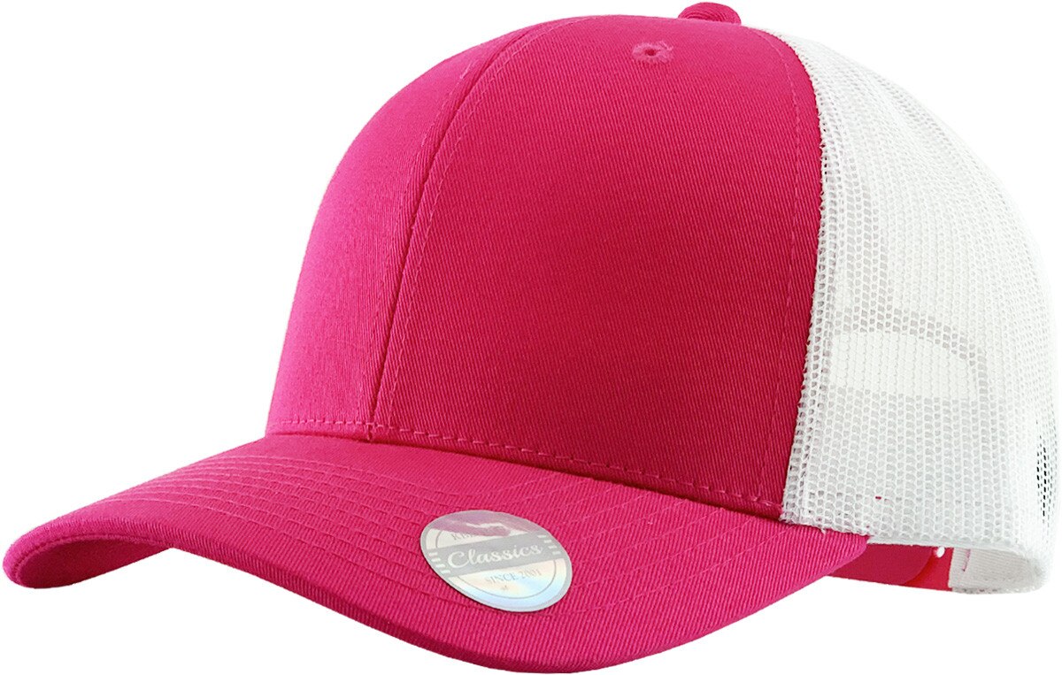 Hot Pink White Two Tone Classic 6 Panel Trucker Mesh Snapback Front Side View